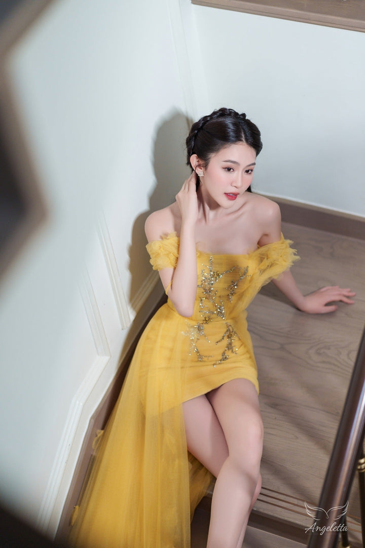 Angeletta Đầm dáng chữ A tà dài trễ vai đính hoa thủ công Elena Dress