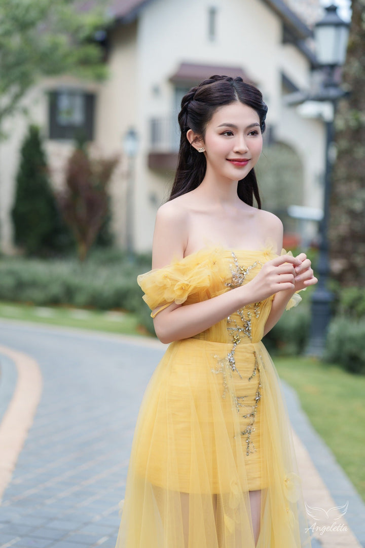 Angeletta Đầm dáng chữ A tà dài trễ vai đính hoa thủ công Elena Dress