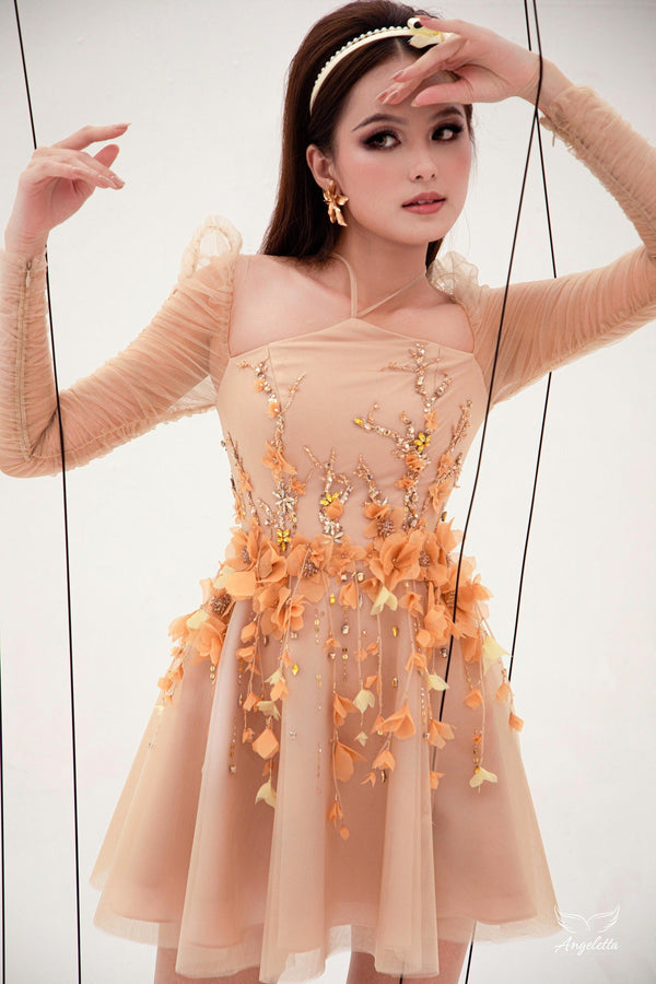 Angeletta Đầm tay dài dáng chữ A đính hoa 3D Canary Dress