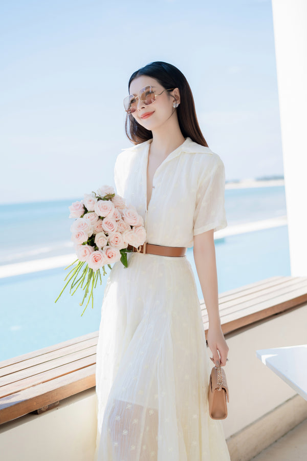 Dainty Dress - Đầm Midi Cổ V Tay Ngắn Dáng xòe