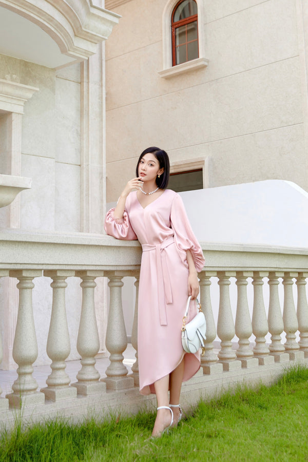 Fallon Dress - Đầm Midi Cổ V Tay Phồng Thắt Eo Cổ Điển