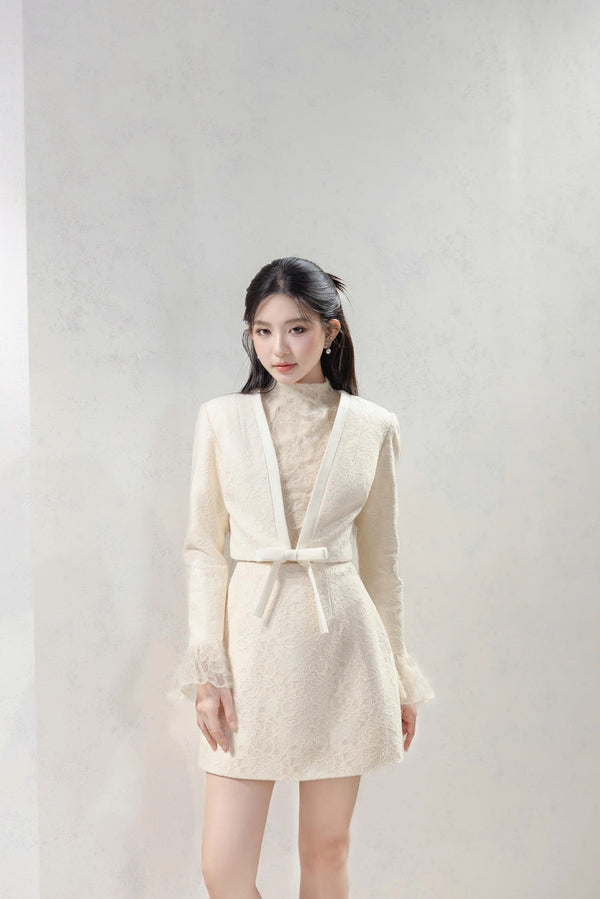 NORIN SET - Set Đầm Tweed Phối Áo Ren Trắng Dài Tay Điểm Xuyến Nơ Cổ Điển