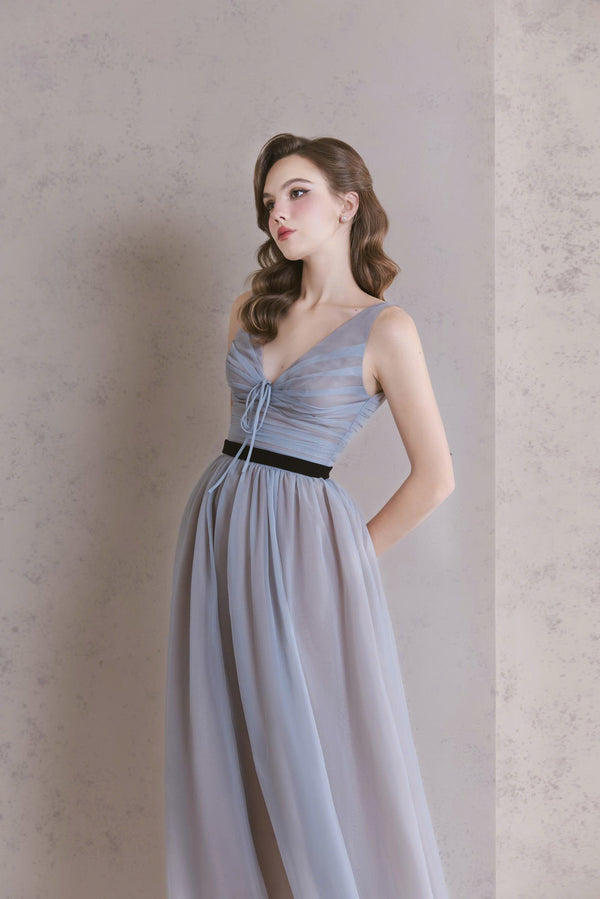 ZIVANA DRESS - Đầm Voan Xám Xanh Bồng Bềnh Thiết Kế Dây Rút Ngực