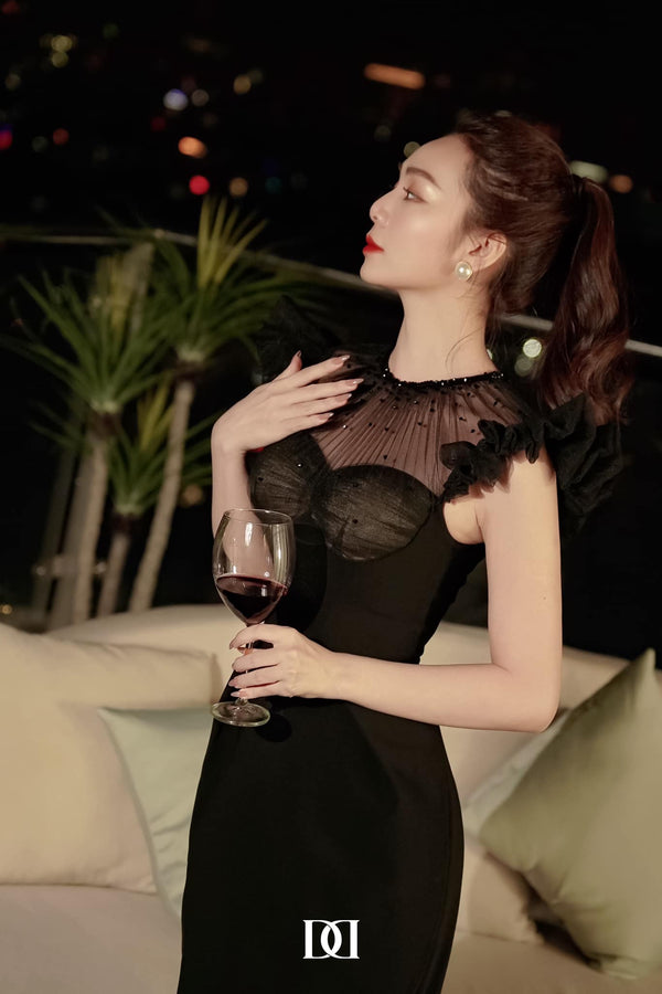 Kalin Dress - Đầm Midi Đính Đá Cổ Tròn Dáng Bút Chì Tay Xòe