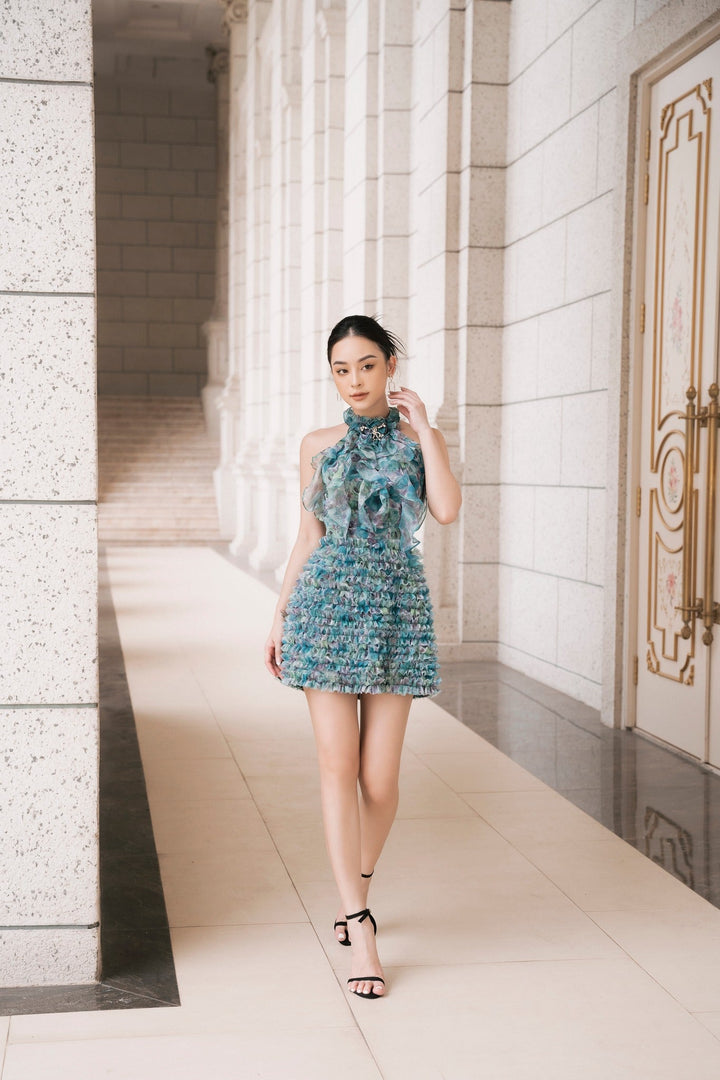 DARLING DIVA Acacia Halter Ruffled Chiffon Mini Dress