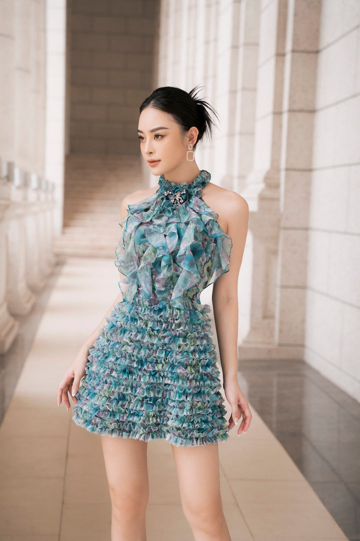 DARLING DIVA Acacia Halter Ruffled Chiffon Mini Dress