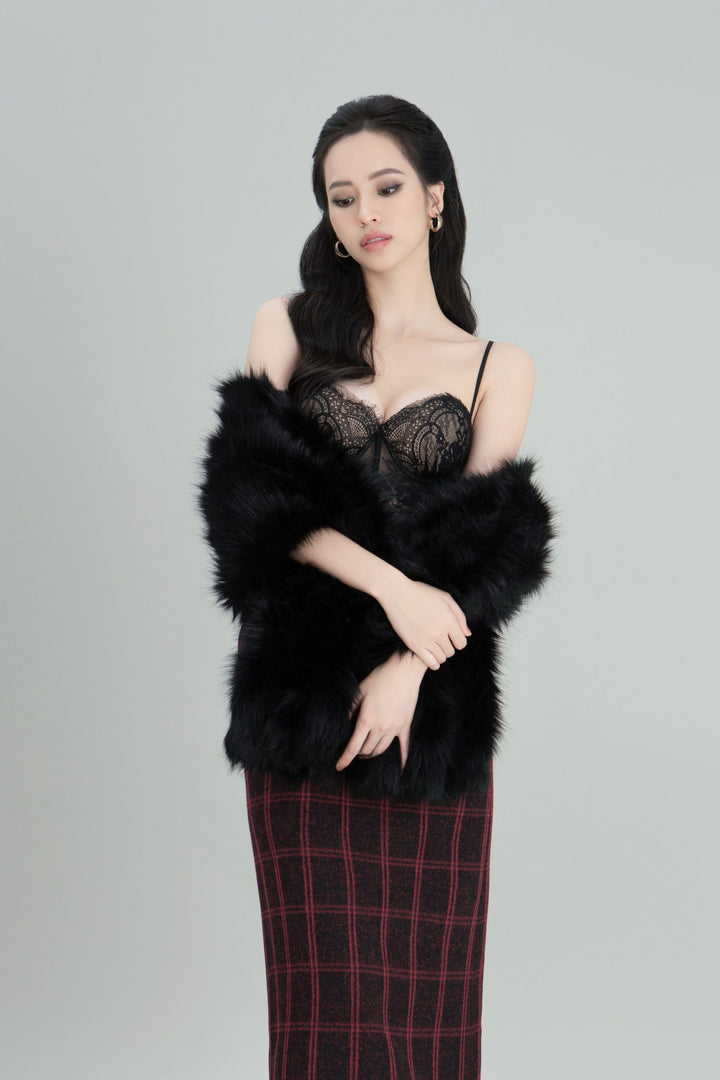 DARLING DIVA Chân Váy Dài Caro Đen Đỏ Có Điểm Nhấn Dây Xích Ở Eo Willian Skirt