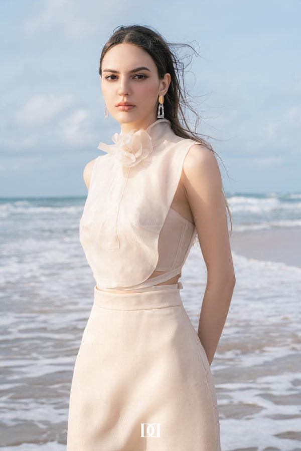 DARLING DIVA Áo hoa nơ cổ croptop & Váy chữ A ngắn Kazuha Set